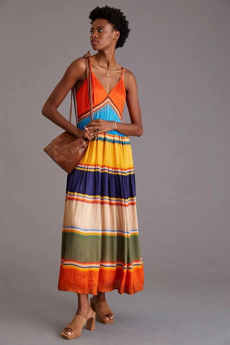 Anthropologie Tanvi Kedia V-Neck Colorblock Midi Dress Size XS NEW